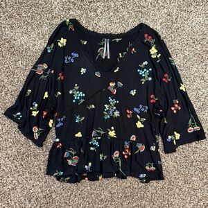 By Anthropologie Parvati Floral Top Small Embroidered Peasant Blouse V Neck Boho